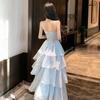 French Light Luxury Beautiful Blue Suspender Dress Femininity Waist Ruffle Edge Evening Dress Long Dress Princess Skirt