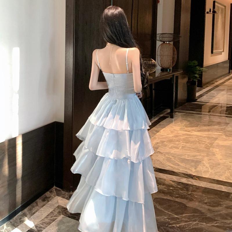 French Light Luxury Beautiful Blue Suspender Dress Femininity Waist Ruffle Edge Evening Dress Long Dress Princess Skirt