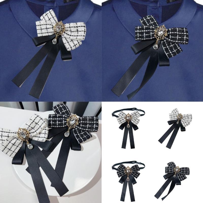 Vintage Plaids Ribbon Bowknot Brooch Pin Rhinestones Bowtie for Women Shirt Jabot Collar Pretied Necktie Clip Neckpiece
