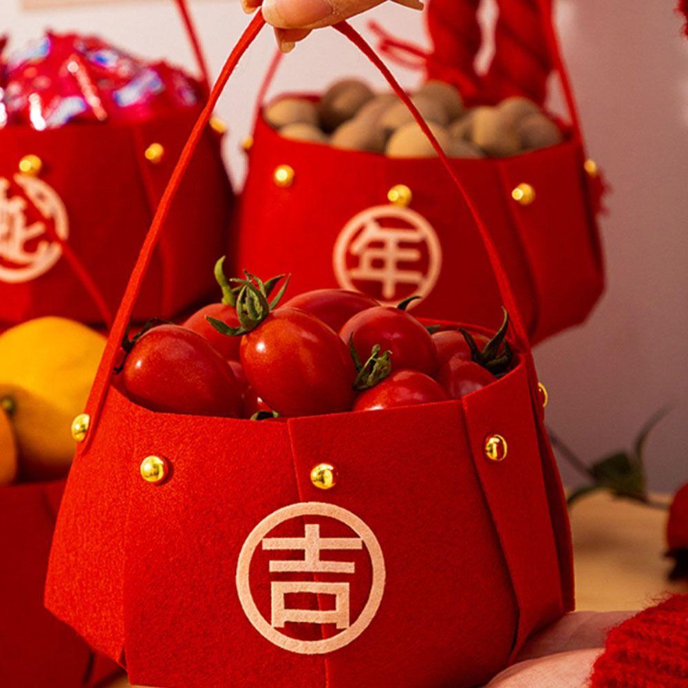 Red Candy Storage Bag Felt Gift Bags Joyful New Year Handheld  Fruit Basket  Party Decor