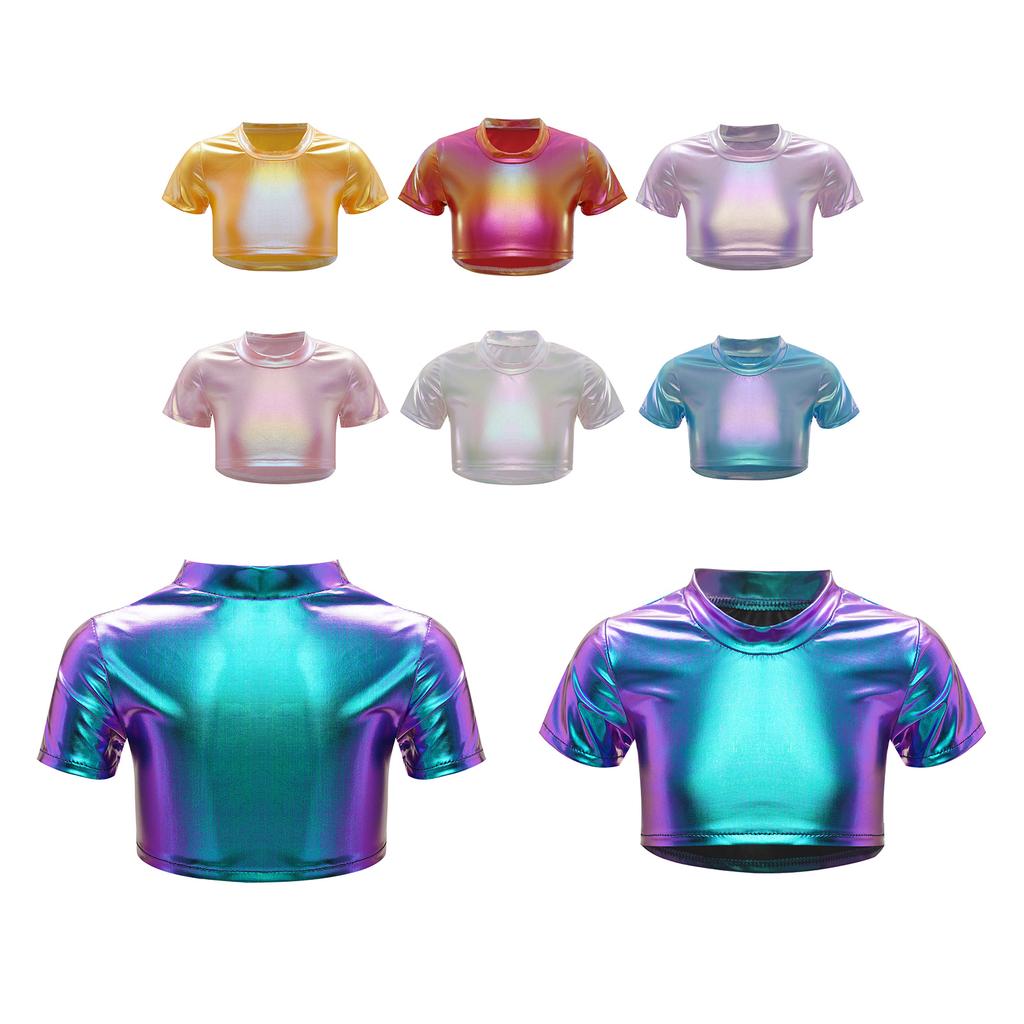 Girls Jazz Dance Top Metallic Short Sleeve Round Neck Crop Tee for Cheerleading Stage Performance
