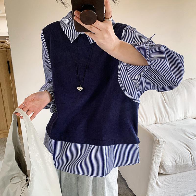 

Striped Shirt Women s Long-sleeved Spring Clothes New Knitted Sweater Top Design Sense Fake Two-piece Shirt M