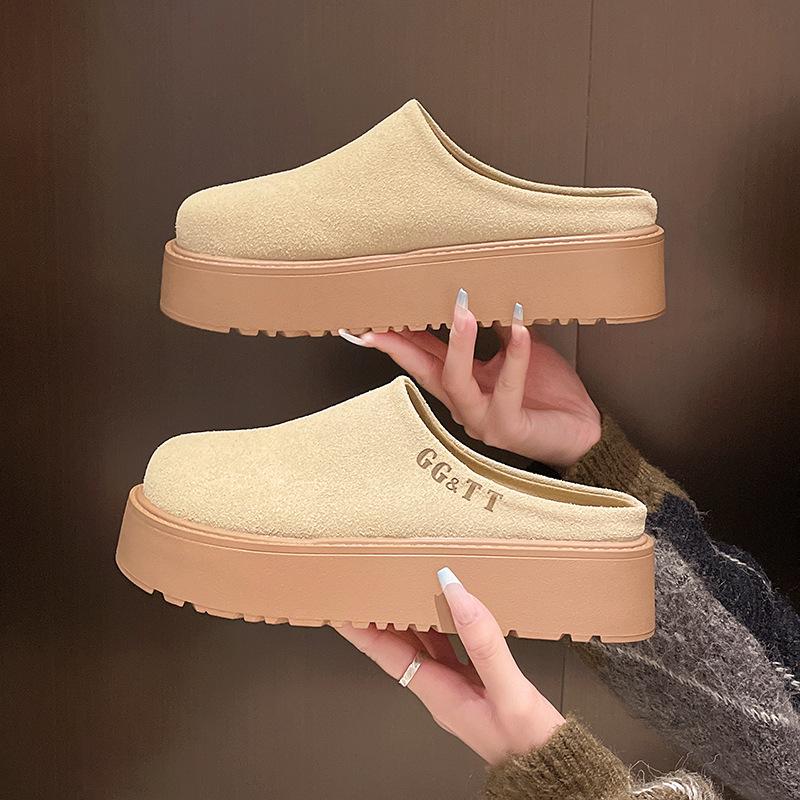 Baotou halvtofflor damkläder 2024 höst nya koreansk version enpedals lata tofflor tjocksulade vardagliga rundhuvade tofflor