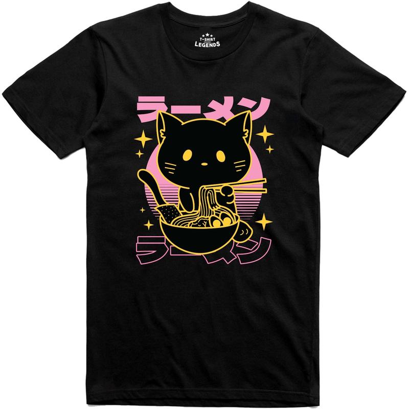 Unisex T-Shirt Cat Ramen Noodles Manga Japanese Geek Regular Fit Tee