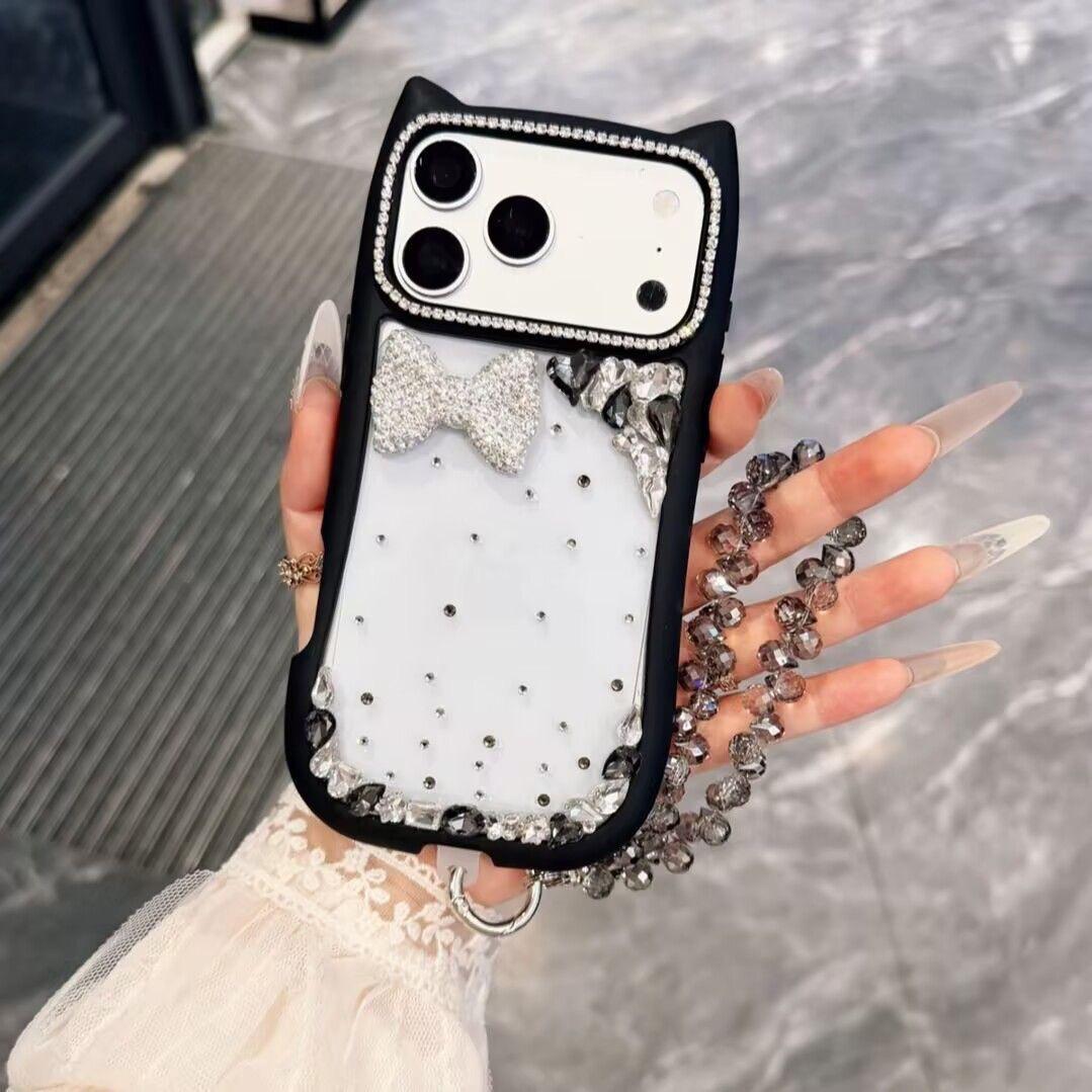 Цветной чехол-коробочка с ушками кошки и стразами для iPhone 17 Pro Max iPhone 14