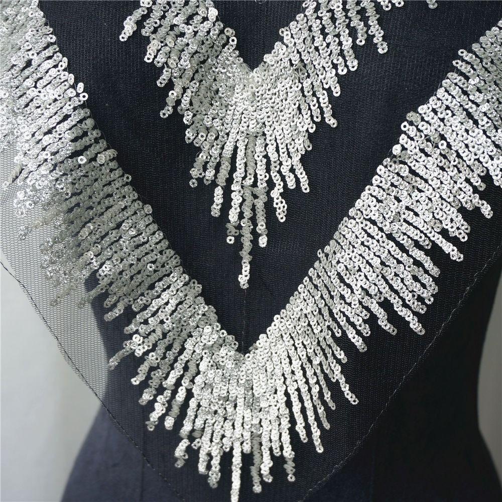 V Collar Design Mesh Lace Appliques Silver Sequins Dress Decoration Appliques Gown Embellishment