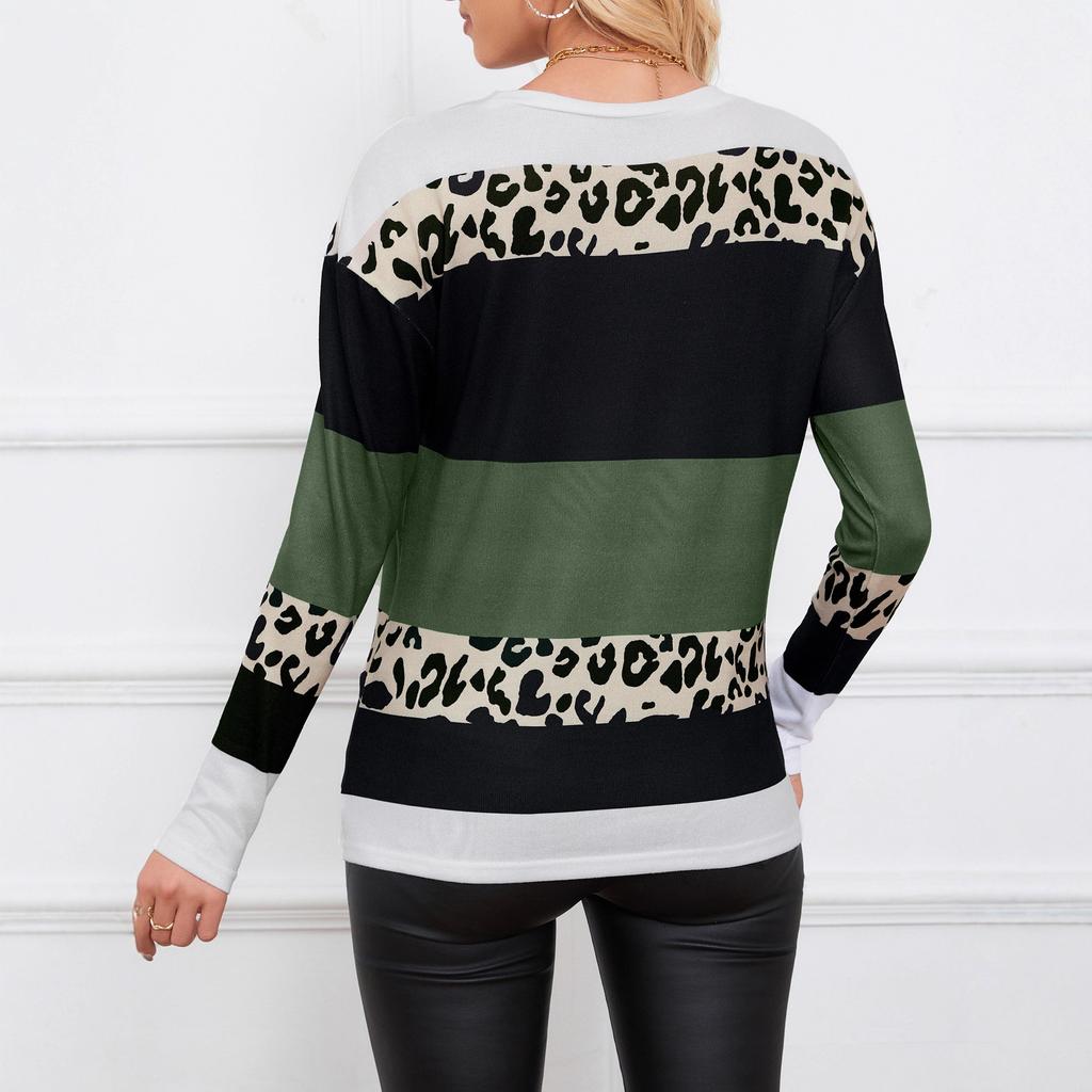 Round Neck Long-sleeved T-shirt Autumn Striped Contrasting Women's Pullover Leopard Knit Top Loose and Fashionable