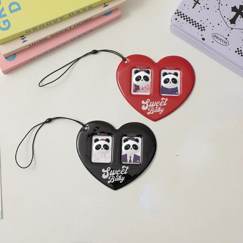 Tendință coreeană Y2K în formă de inimă Slot dublu pentru card PP Suport card Kpop Star 2 inci Suport mic de afișare pentru fotografii de identificare Cute Girl Bag Pandantiv