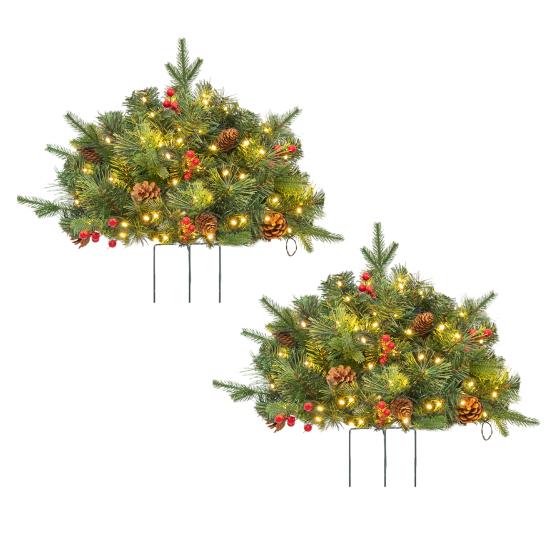 Pre-lit Christmas Tree Urn Filler Battery Operated Artificial Xmas Tree with Cones Berries Holiday Porch Planter Filler with Tripod Stake And LED