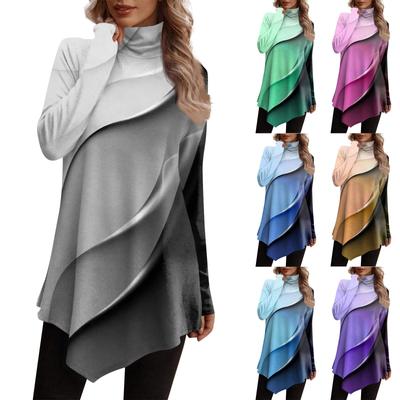 Casual Fashion Print Shirt Tops High Neck Irregular Hem Long Sleeve Pullover Tops