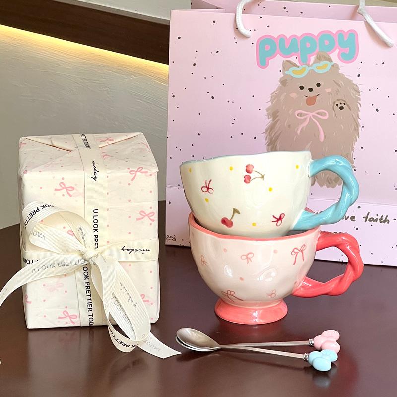 Cute Bow Underglaze Color Cup Girls' High-value Ceramic Mug Couple Breakfast Cup Birthday Gift