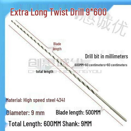 Extra Long 5060 Cm Twist Drill Bit, 500mm High-Speed Steel, Straight Shank for Deep Hole Drilling In Stainless Steel, Wood, 468 Industrial Series.