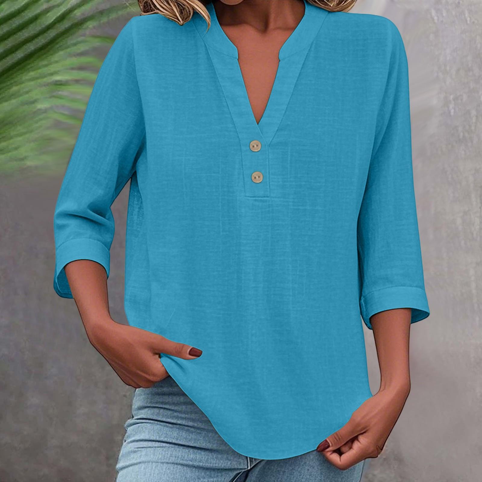 

Топ с рукавом 3/4 из льна для женщин, свободного кроя, с V-образным вырезом, на пуговицах, милые однотонные летние пляжные футболки XL синий