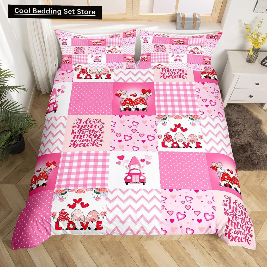 Valentinstag King Bettbezug Romantisches Bettwäsche-Set Kawaii Paar Wichtel Bettdeckenbezug Rosa Rosen Herzen Polyester Steppdeckenbezug