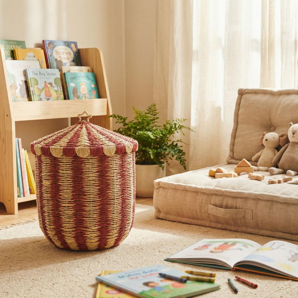 Wicker Striped Storage Basket Laundry Basket Woven Basket Household Childrens Room Toy Organizing And Storage Box