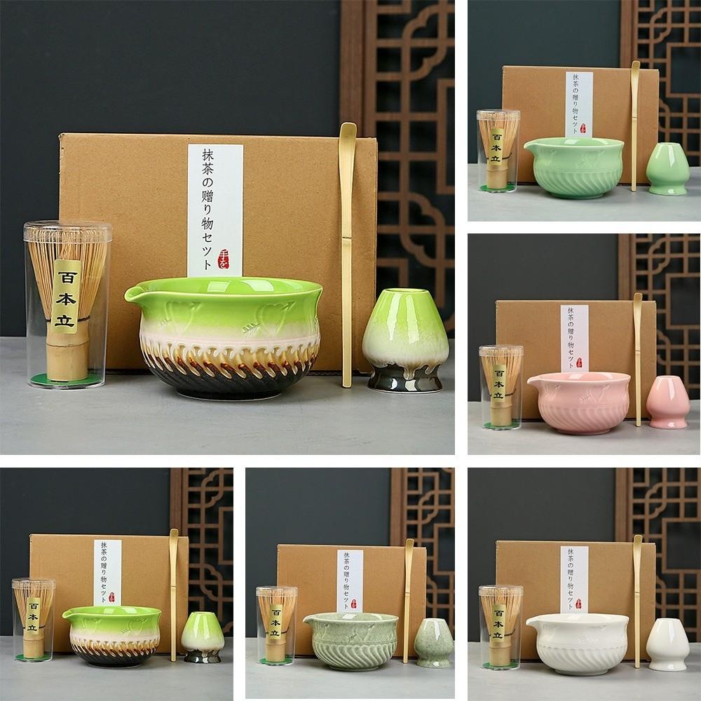 4PCS Ceramic Bamboo Japanese Matcha Tea Set Matcha Bowl Matcha Whisk Holder Matcha Whisk Set Reusable Matcha Making Kit