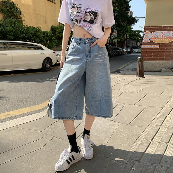 Women s Light Blue High-Waisted Wide-Leg Denim Shorts - Summer 2025 Slimming Style L