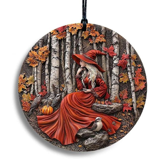 Halloween Stained Glass Window Ornament, Witch Scene with Pumpk, Acrylic Hanging Suncatcher, Round Wall Art Decor, Witchy Ornament for Home Friends