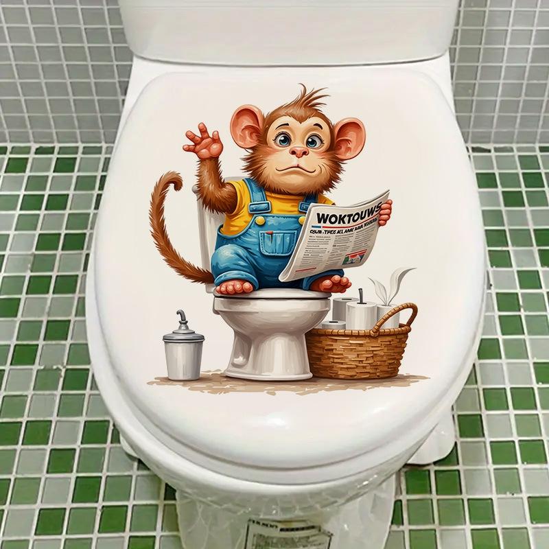 3D Funny Cartoon Monkey Reading Newspaper Toilet Wall Sticker Self-Adhesive Waterproof Removable Bathroom Home Decor Art