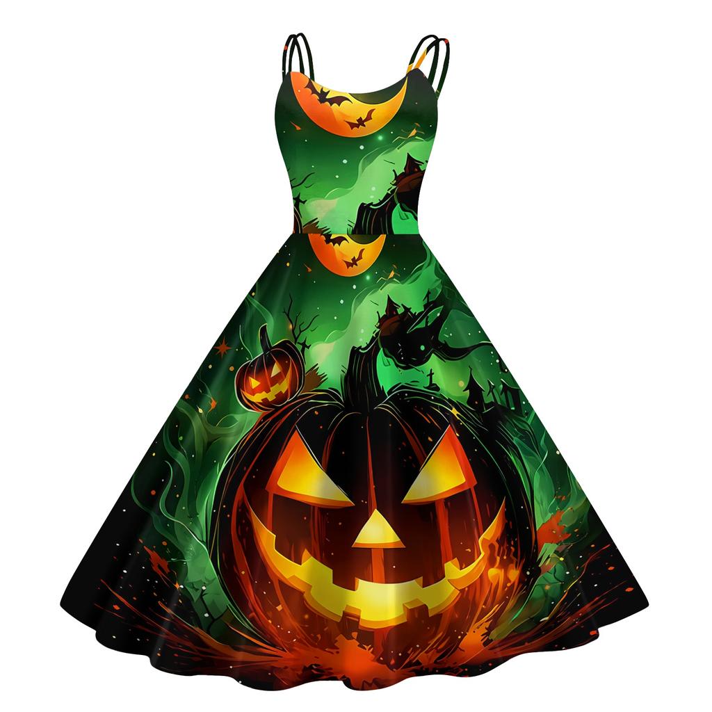 Women's Halloween Print Off-Shoulder Spaghetti Strap Dress