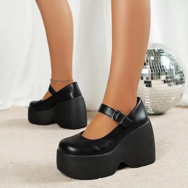 Fashion Women's Platform High Heels Gothic Lolita New Mary Jane Shoes Casual Woman Heeled Party Wedges Thick Bottom Pumps Black Loafers