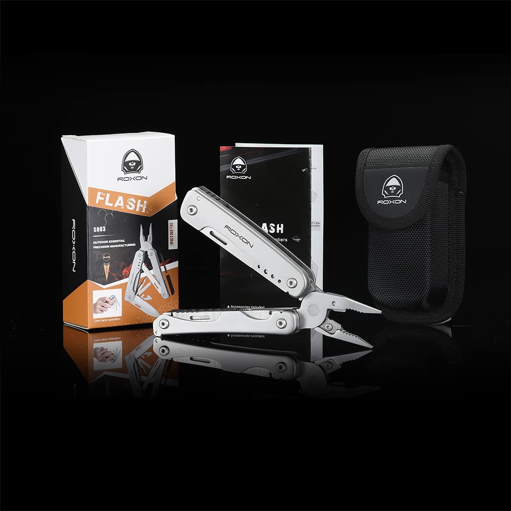ROXON S803 Flash 16-in-1 Multitool, Multifunktionszange, Klappmesser, Multi-Zange, mit Feuerstarterstab, für Outdoor-DIY, Bergsteigen,