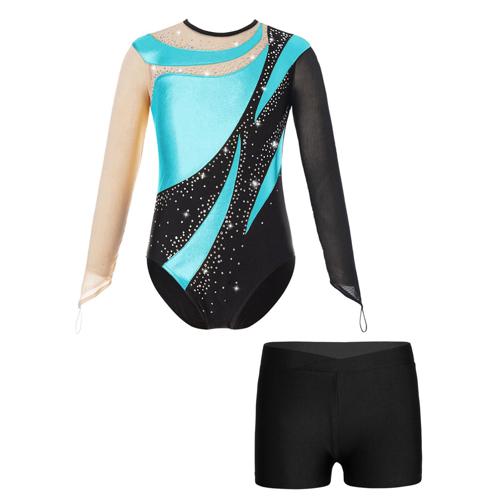 Ranrann Kindermeisjes Gymnastiekpakjes met lange mouwen en keyhole-rugbodysuit Balletdanskleding met shorts Competitie-outfits 9-10 Years