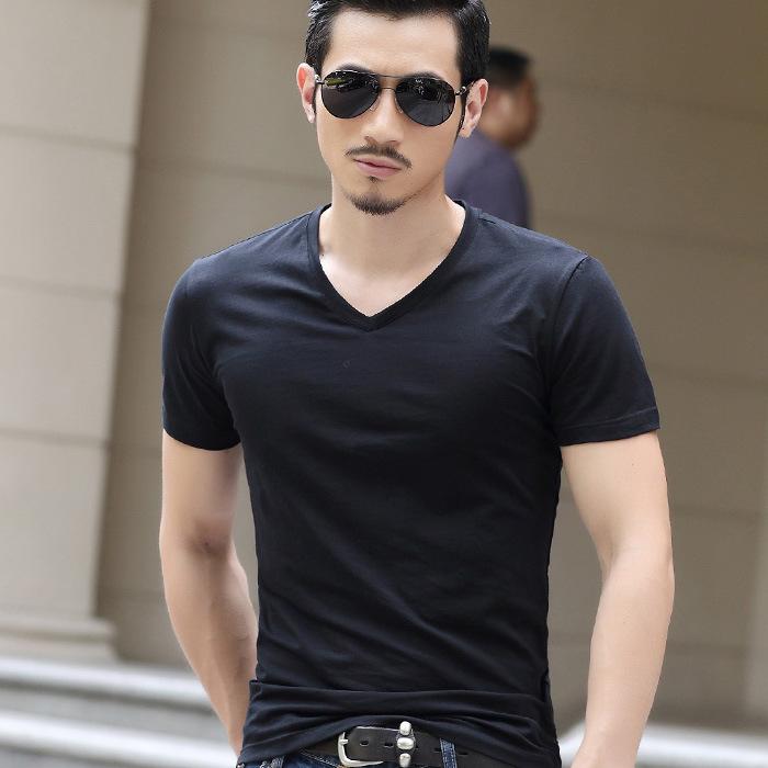 2026 Men s Slim Fit Round V-Neck Short Sleeve Cotton Shirt M