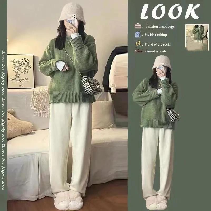 O-Neck Loose Green Pullover Sweater for Women Autumn Winter Thick Retro Japanese Lazy Style Interior Bottom Knitted Top