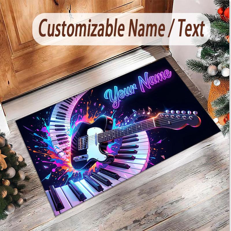 Music Guitar Theme Soft Crystal Velvet Rug Custom Name & Text Print Non Slip Floor Rug for Bedroom Living Room