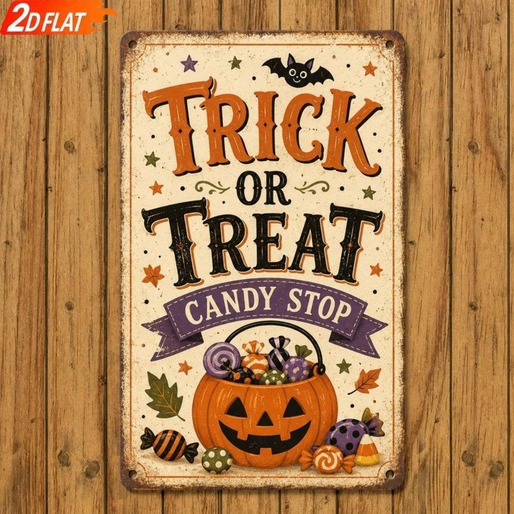 Vintage Metal Pumpkin Jack-o-lantern Candy Bats Halloween Wall Decor for Entryway Porch