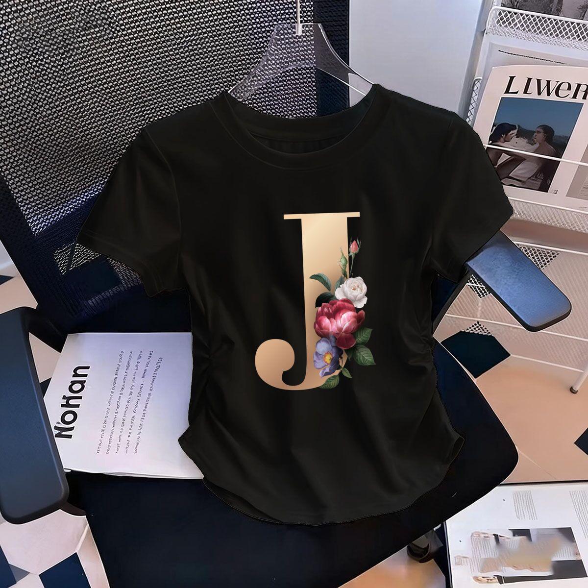 

Womens WaistDefining Elastic T Shirt Floral Letters J printed Short Sleeve Round Neck top tee Fashionable tshirts XL
