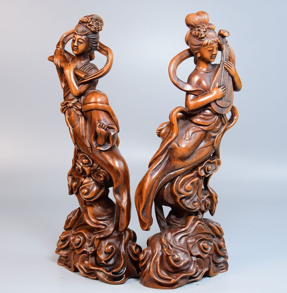 Chinese Antique Boxwood Carved Beautiful Woman Statue Sculpture Home Decor Art