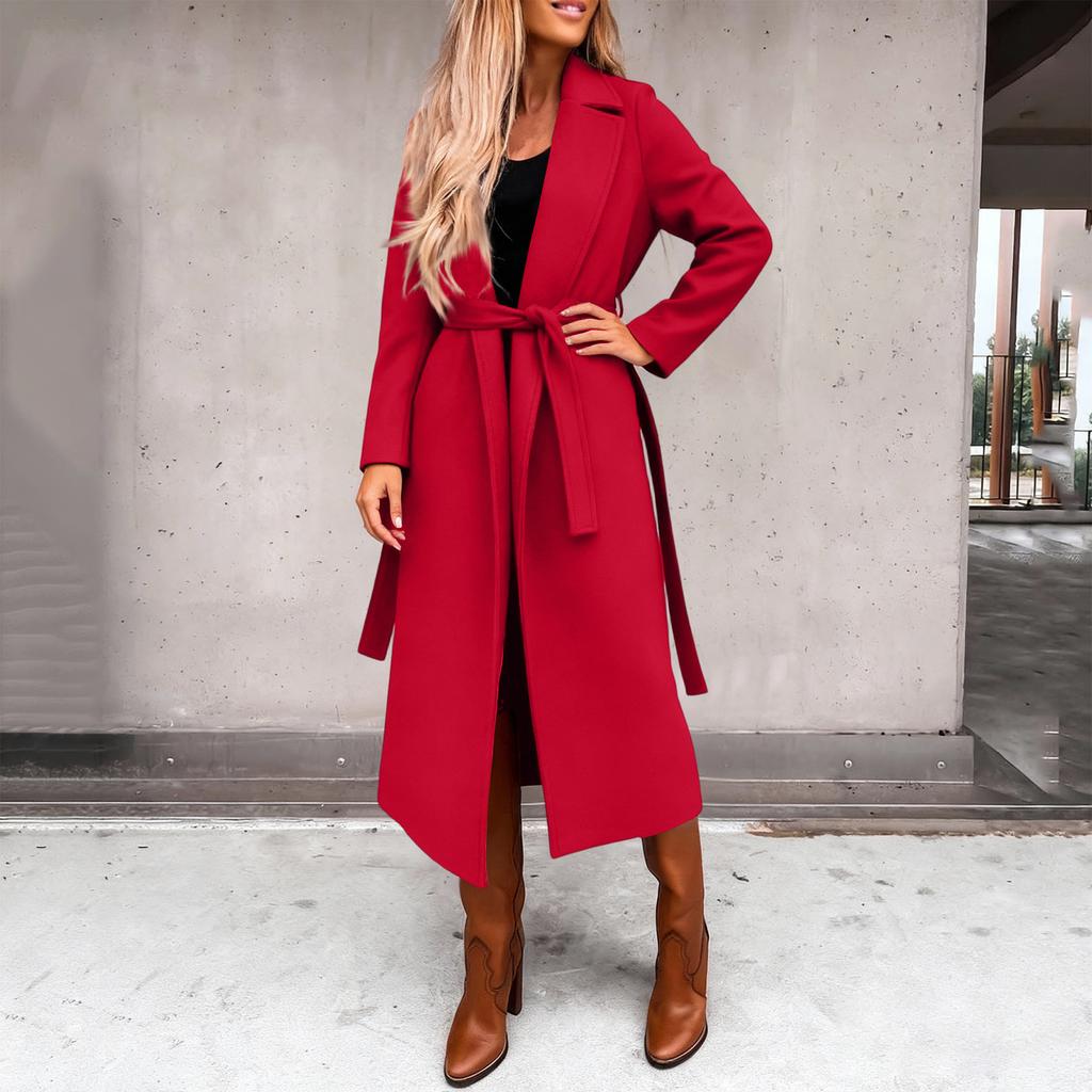 Damen Casual Mode Einfarbig Langärmlig V-Ausschnitt Bindegürtel Langer Wollmantel