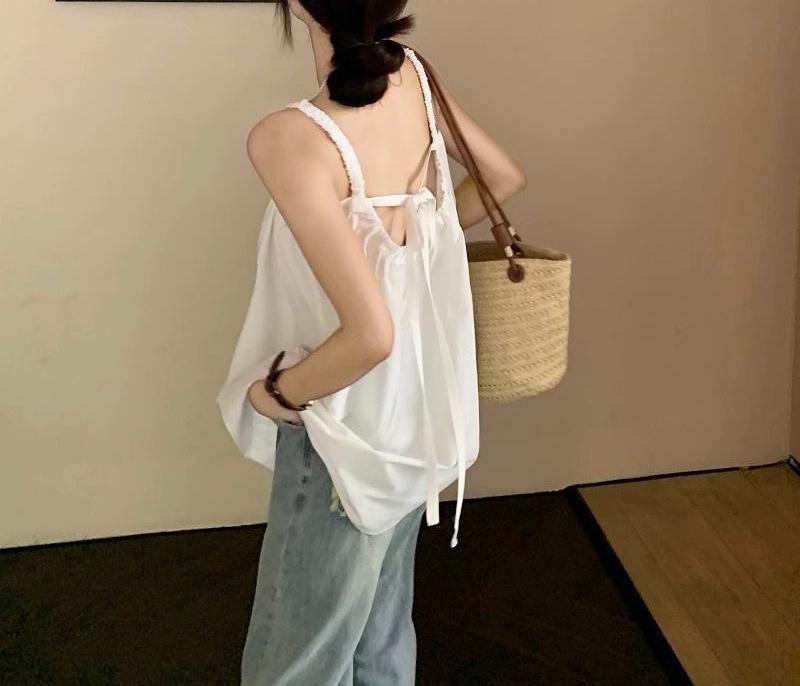 Summer Women's Black Sleeveless Backless Lace-Up Top, Loose Fit, Versatile Holiday Style