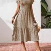 Women's Square Collar Waist Printed Bubble Sleeve Dress S-XXXL