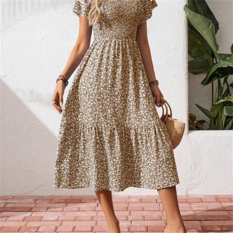 Women's Square Collar Waist Printed Bubble Sleeve Dress S-XXXL