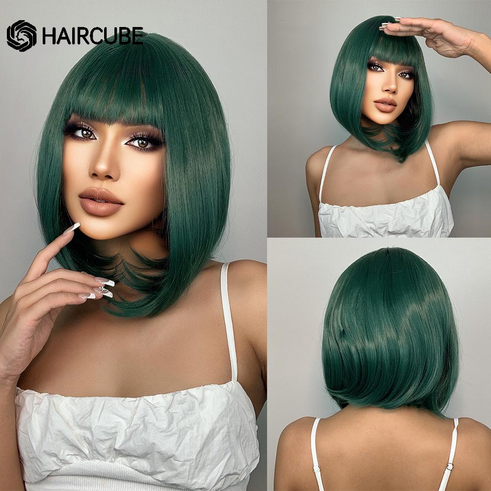 Medium Length Ombre Brown To Blonde Straight Hair Wigs with Bangs Synthetic Wigs for Women Cosplay Heat Resistant Natural Wigs