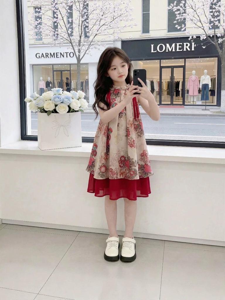 Girls' Elegant Sleeveless Dress - 2026 Summer Two-Piece Style for Middle & Big Kids