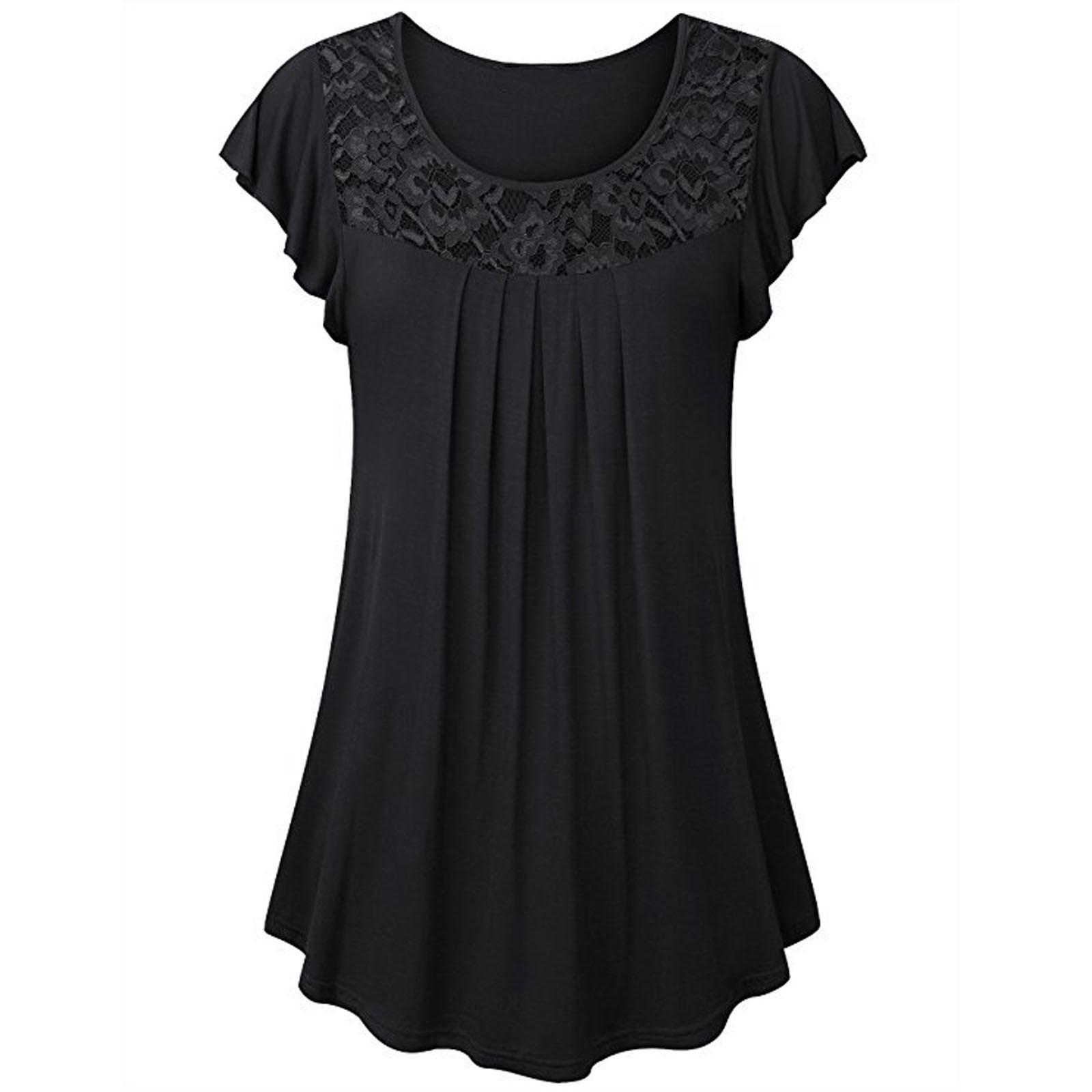 Women Fashion Lace Splicing Short Sleeve T-Shirt Blouse Tops M чёрный