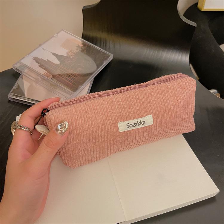 Little White Rabbit Corduroy Pencil Case – Vintage Solid Color Stationery Bag for Students