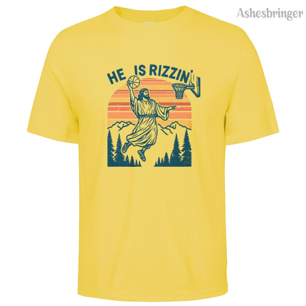 Mens Cotton He Is Rizzin Graphic Easter Jesus Christian Basketball T Shirt Street Casual Style Tee for Men and Women