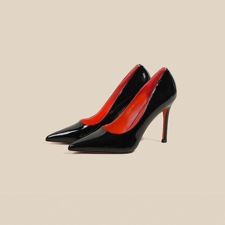 Sapatos de Salto Alto Stiletto Bico Fino em Couro Patente Feminino Solado Preto Vermelho Slip-On Festa Casamento Escritório Sapatos de Salto