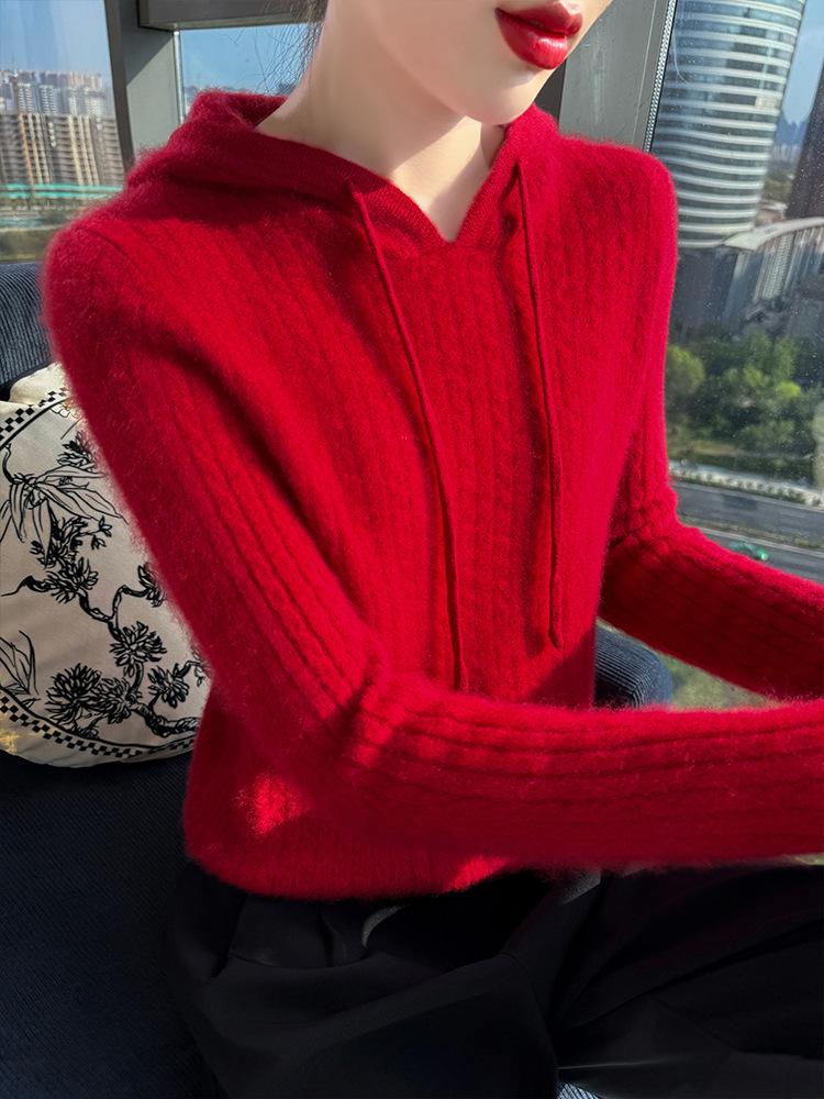 Damen Oversize Zopfstrick-Wollpullover mit Kapuze und Kordelzug: Herbst/Winter Pullover im literarischen Stil