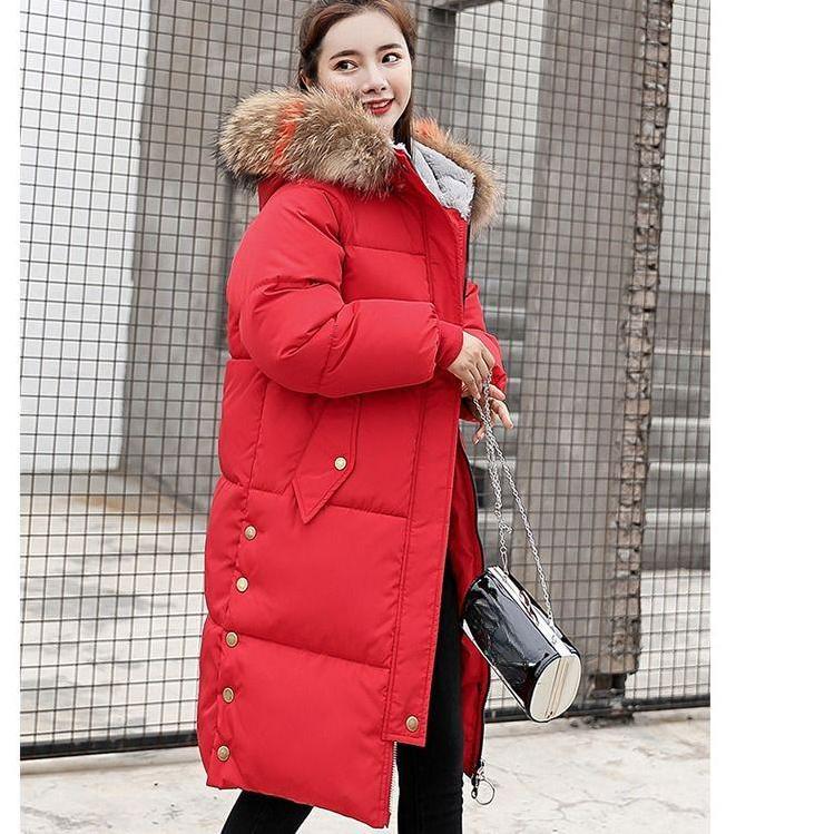 Abbigliamento alla Moda Cappuccio con Pelliccia Zip Lungo Stile Donna Caldo Piumino Cappotto Invernale Parka Cappotto