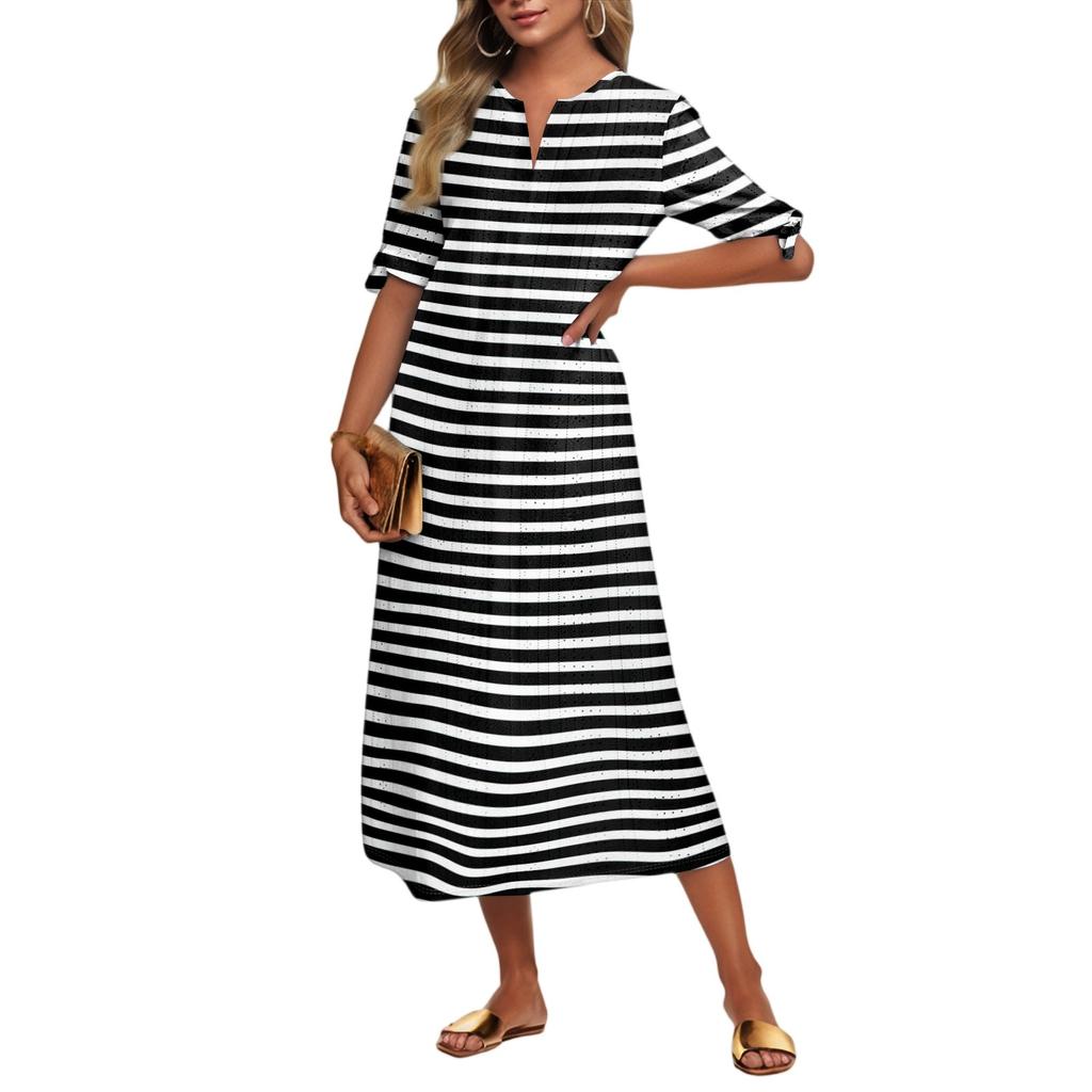 Ladies Casual Fashion Temperament Elegant Waist Striped Long Dress
