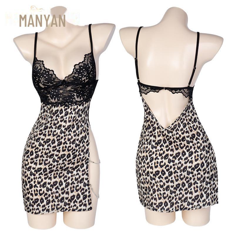 Manyan Sexy Lace High-Waist Leopard Print Nightdress with Suspenders
