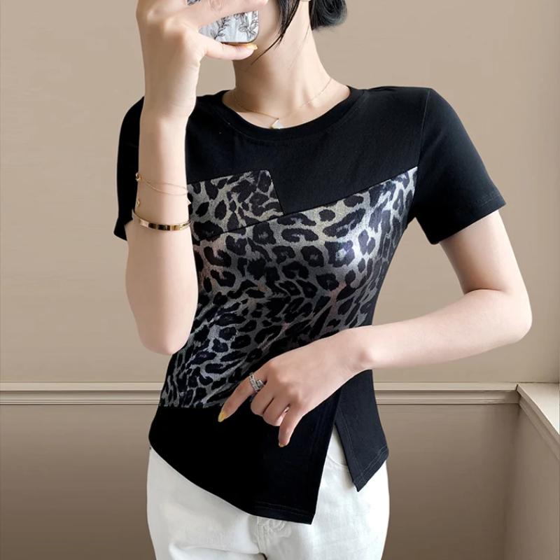 New Women Chic Leopard Print Patchwork Summer T-shirt Elegant O-neck Short Sleeve Irregular Tops Casual Ladies Slim Cotton Tees
