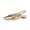 Leather~ French beautiful temperament flower thick heel light mouth empty bag head golden sandals women's flat silver single shoes
