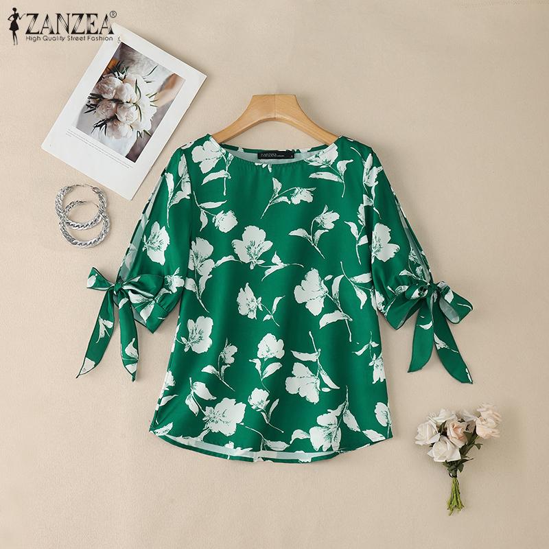 ZANZEA Women Casual Round Neck Lace-Up Half Sleeve Print Blouse